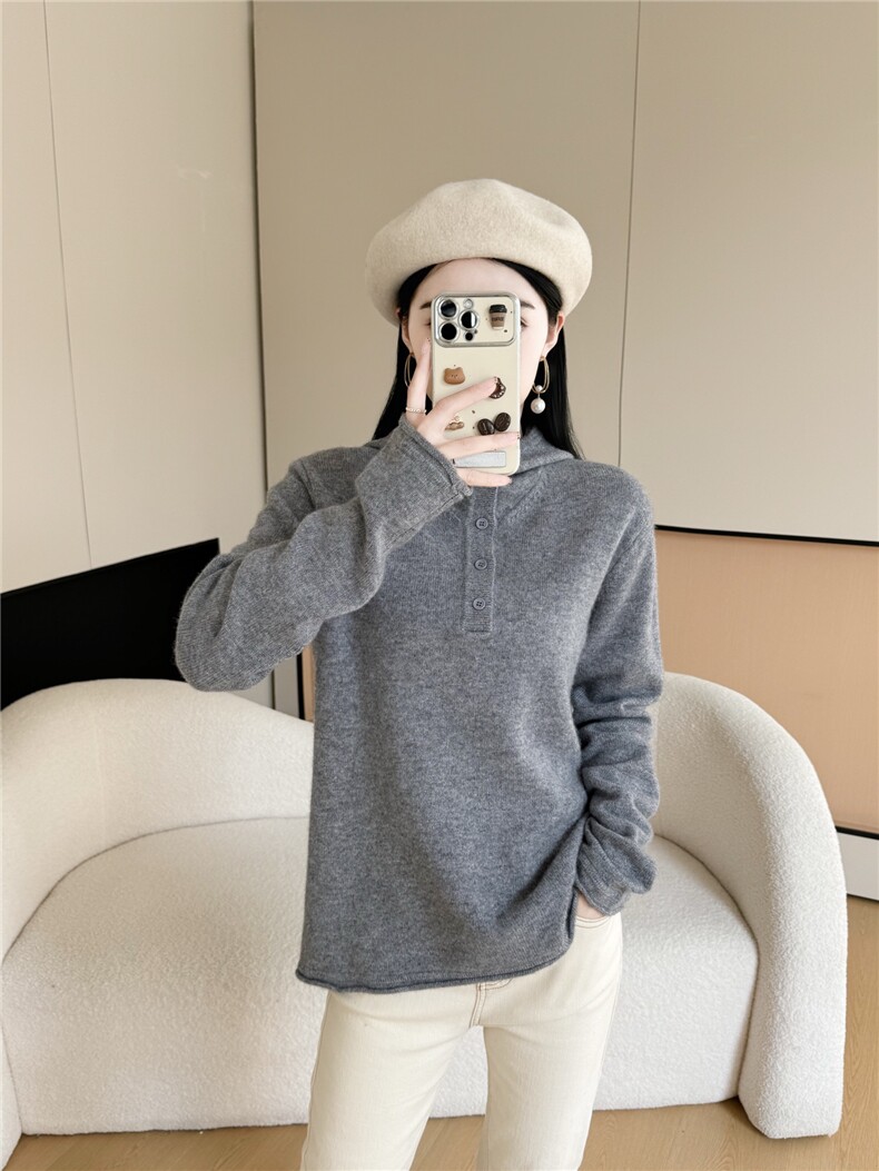 2025年秋季女士排扣下摆袖口卷边,女装羊绒衫,米哆哆羊绒