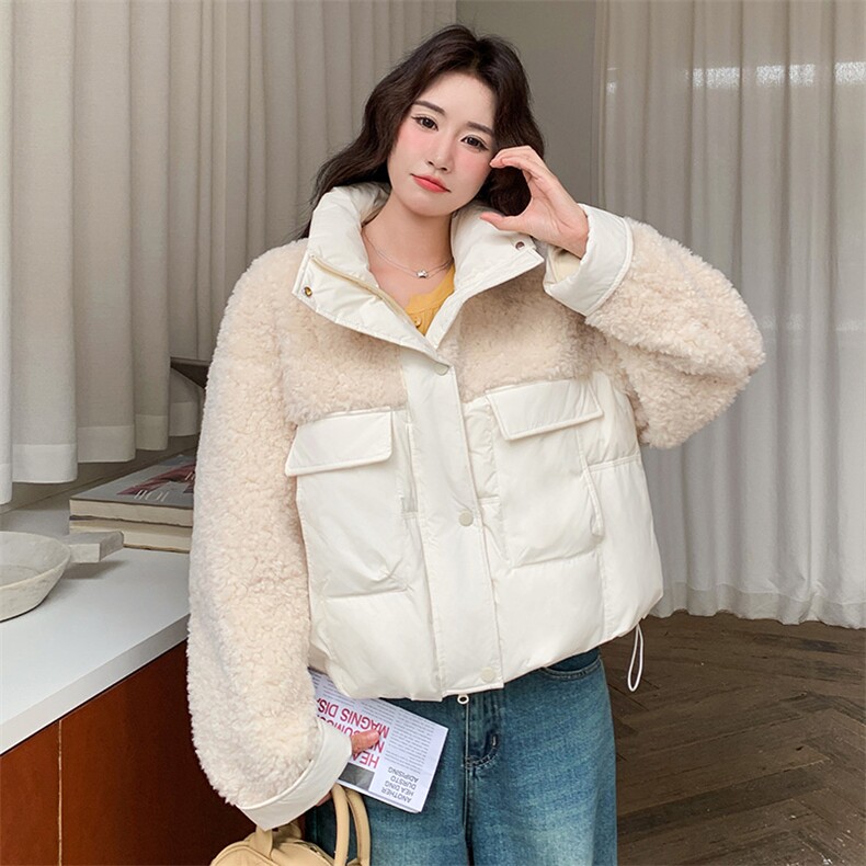 羊羔毛拼接白色立领短款羽绒服女冬超火好看高级小众加厚保暖外套,女装羽绒服,2C317A