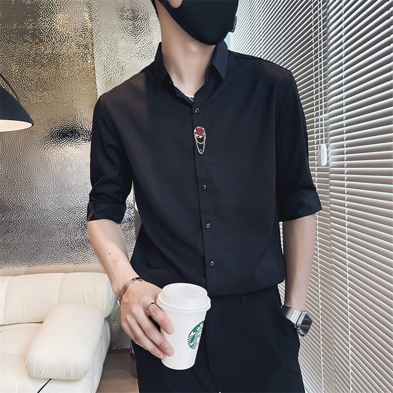 薄款短袖衬衫男装修身高级感轻商务抗皱免烫黑色休闲五分中袖衬衣,男装衬衫,星座506A
