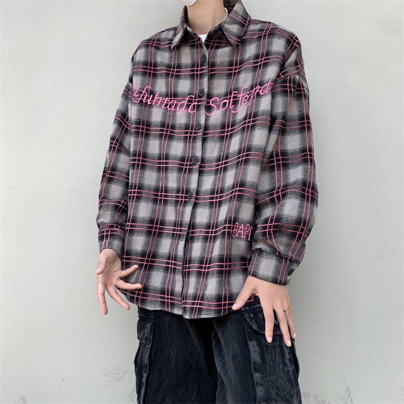 美式格纹衬衫男2024秋季新款刺绣情侣长袖衬衣宽松休闲上衣潮,男装衬衫,星座410-7