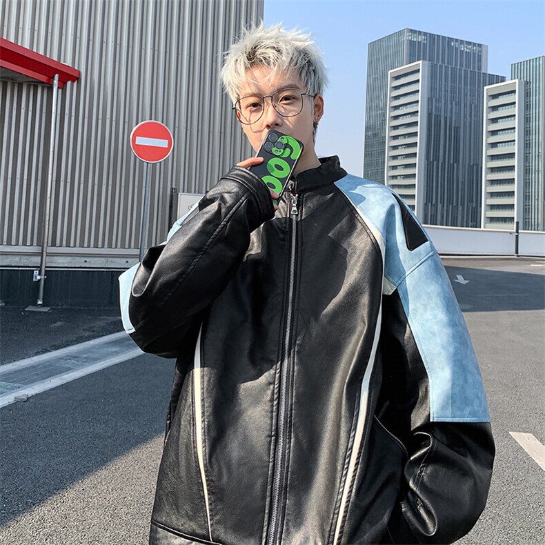 JK8803-P80美式春秋潮牌拼色重工皮衣夹克,男装夹克,星座1503