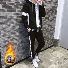 冬季新款加绒加厚卫衣套装青少年连帽开衫两件套男G05P95，男装休闲套装，电商A086