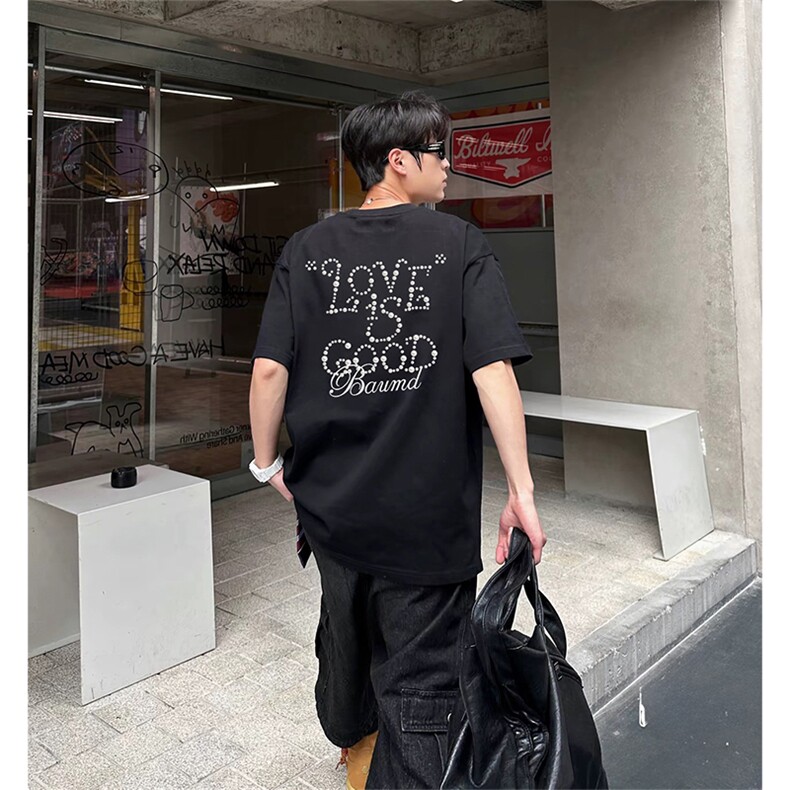 抖音得物供货210克现货宽松纯棉美式潮牌印花落肩袖纯棉T恤AT2184图片