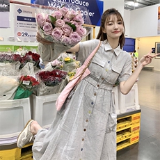 日系高端灰色亚麻衬衫连衣裙女夏2025新款学院风收腰气质工装长裙，女装连衣裙，2C372