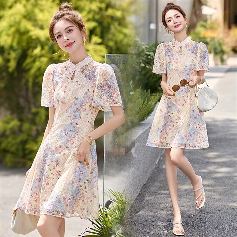 新中式连衣裙2025夏新款小个子独特漂亮气质收腰蕾丝改良旗袍短裙，女装连衣裙，润尚靓点