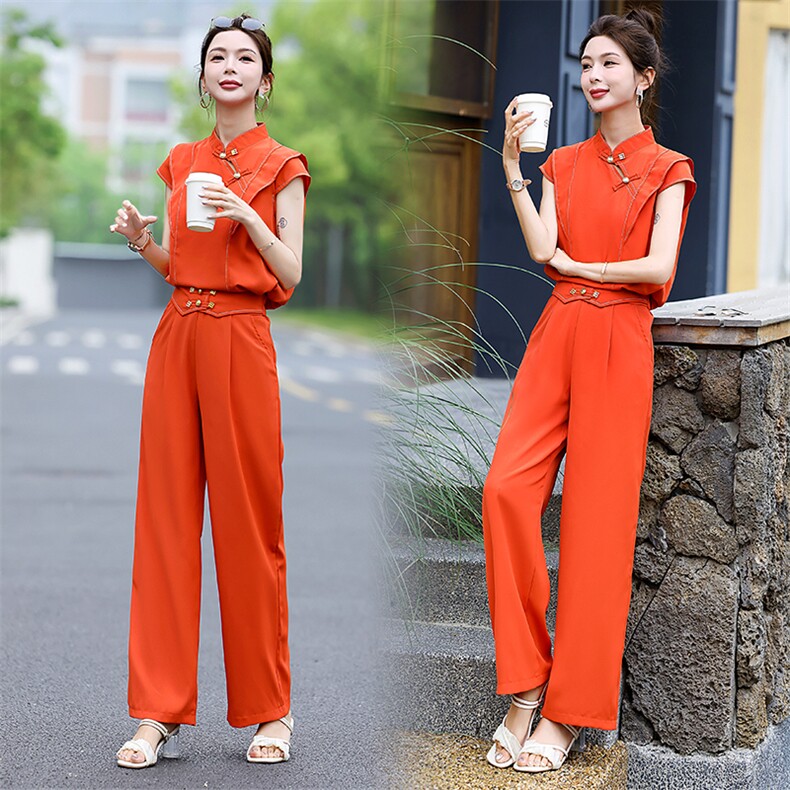 现货秒发2024夏装时尚新款盘扣新中式飞飞袖上衣套裤套装，女装套装/套裙，星宇服饰