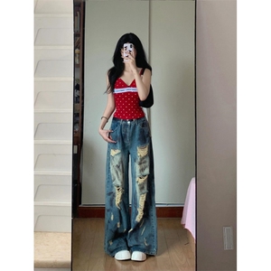 美式直筒破洞拖地牛仔裤男款夏季慵懒风微喇裤子宽松阔腿做旧长裤图片