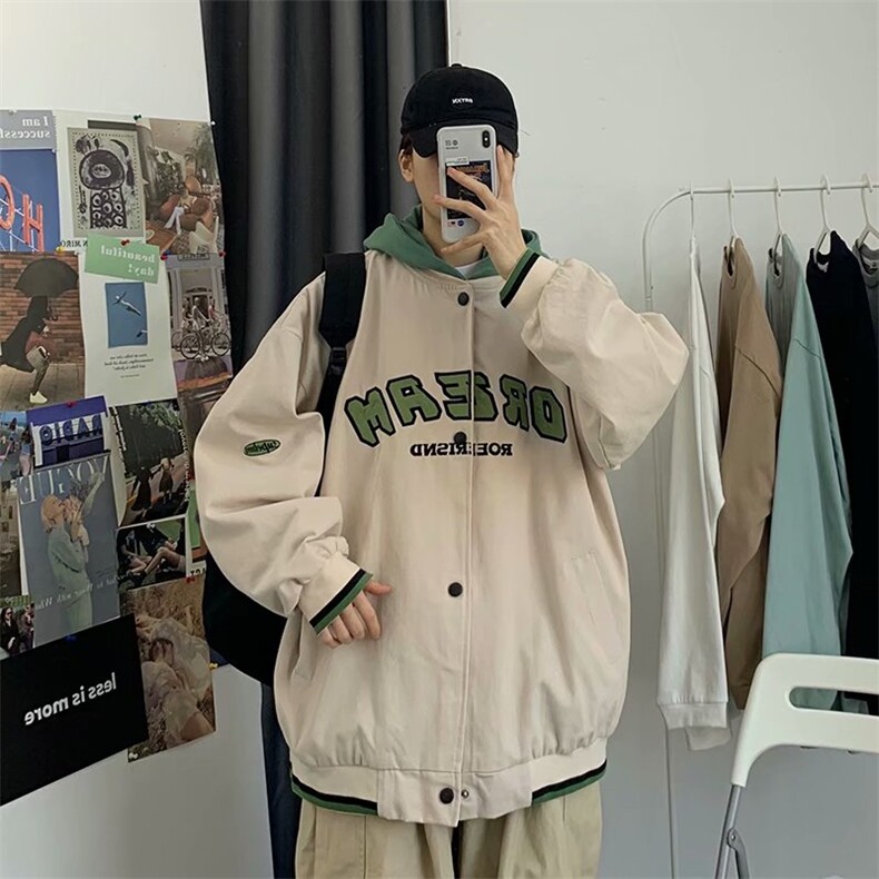 春秋季日系潮流港风假两件字母棒球服外套情侣连帽工装夹克男上衣,男装夹克,星座1210-1