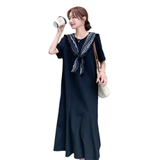 黑色韩版慵懒风松弛感印花披肩连衣裙女2025夏季新款时尚T恤长裙，女装连衣裙，2C057
