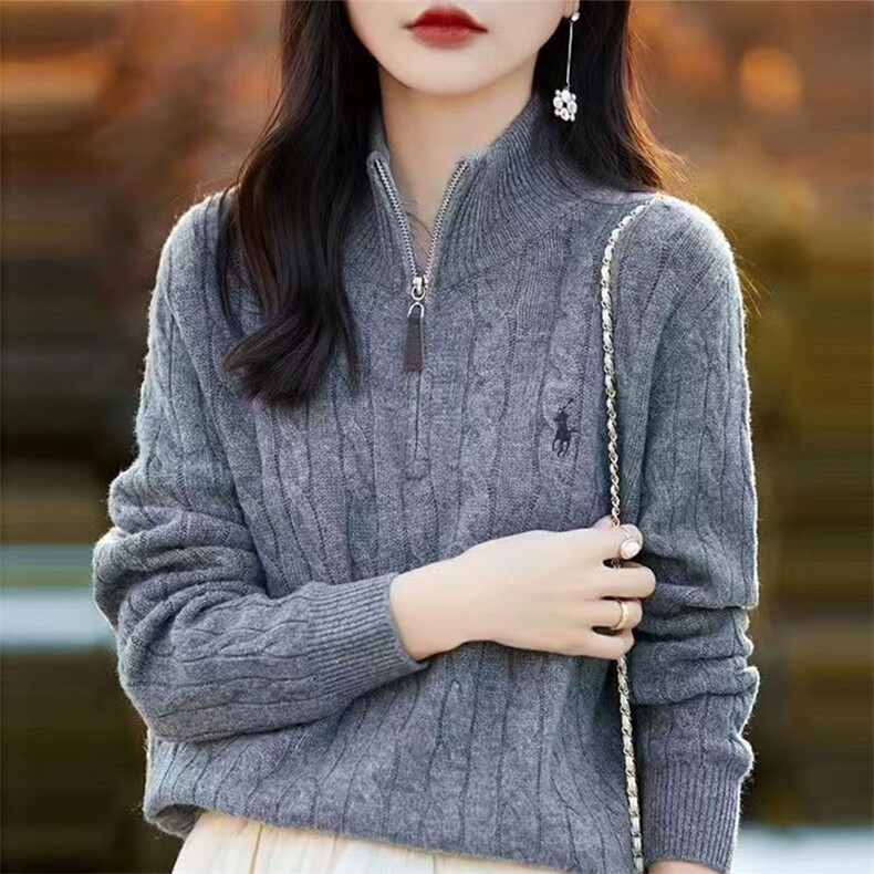 精纺羊毛衫女半开领拉链立领纯色宽松内搭长袖毛衣宽松针织打底衫,针织衫/毛衣,萱芳婷羊绒