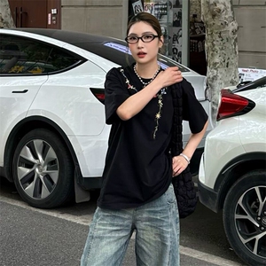 万针全刺绣工艺抖音得物高品质260克重磅纯棉双纱美式高街短袖T恤图片