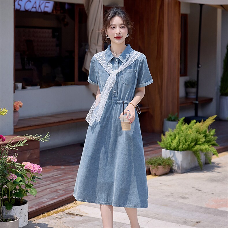 复古蕾丝披肩牛仔连衣裙女2025夏季新款气质减龄中长款连裙子女,女装连衣裙,依路服饰