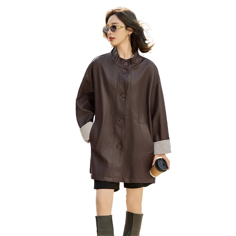 时髦皮衣外套女2025春秋新款休闲气质宽松立领PU皮夹克高级感上衣,女装皮衣,潮流依族