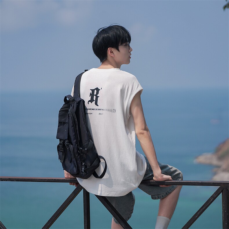 日系无袖夏季宽松透气简约字母发泡男装T恤B225-T9225-P40-X55,男装T恤,电商B225
