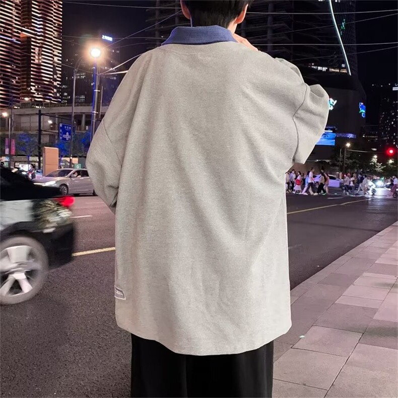 假两件polo衫华夫格卫衣男士宽松长袖翻领薄款体恤上衣Y59/P34,男装T恤,星座506