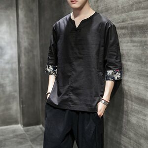 2021夏季中国风短袖T恤男士宽松大码拼接棉麻上衣QT6005-TX78-P35图片