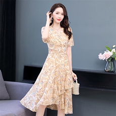 连衣裙收腰潮流韩版短袖2021年夏季减龄显瘦，女装连衣裙，阿菲诺依