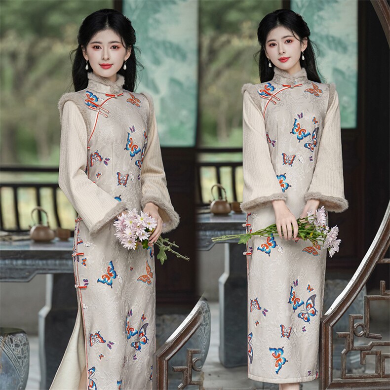 新中式风立领玉兔提花微喇袖口加绒旗袍2654P155,女装汉服/婚纱/旗袍/礼服,乐衣轩