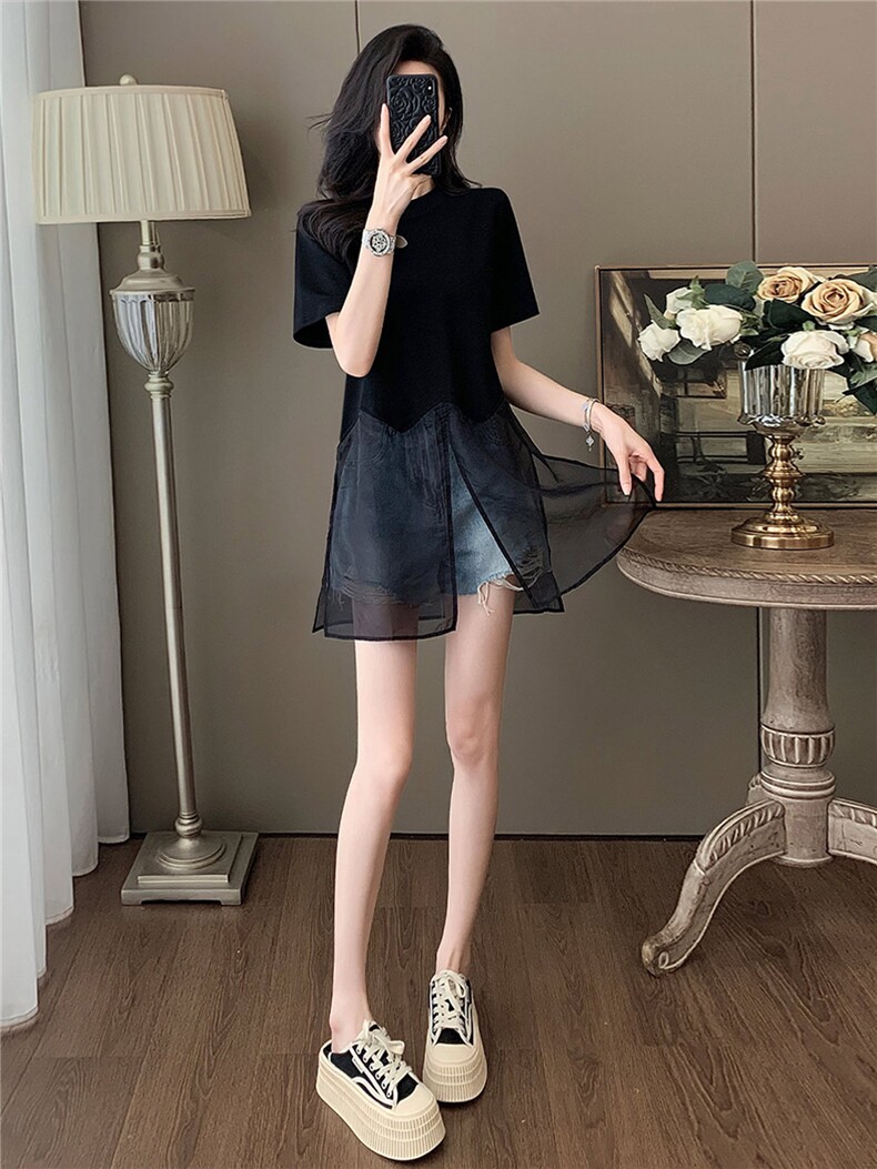 设计感小众时尚气质套装女夏新款圆领网纱拼接上衣牛仔短裤两件套,女装套装/套裙,江南