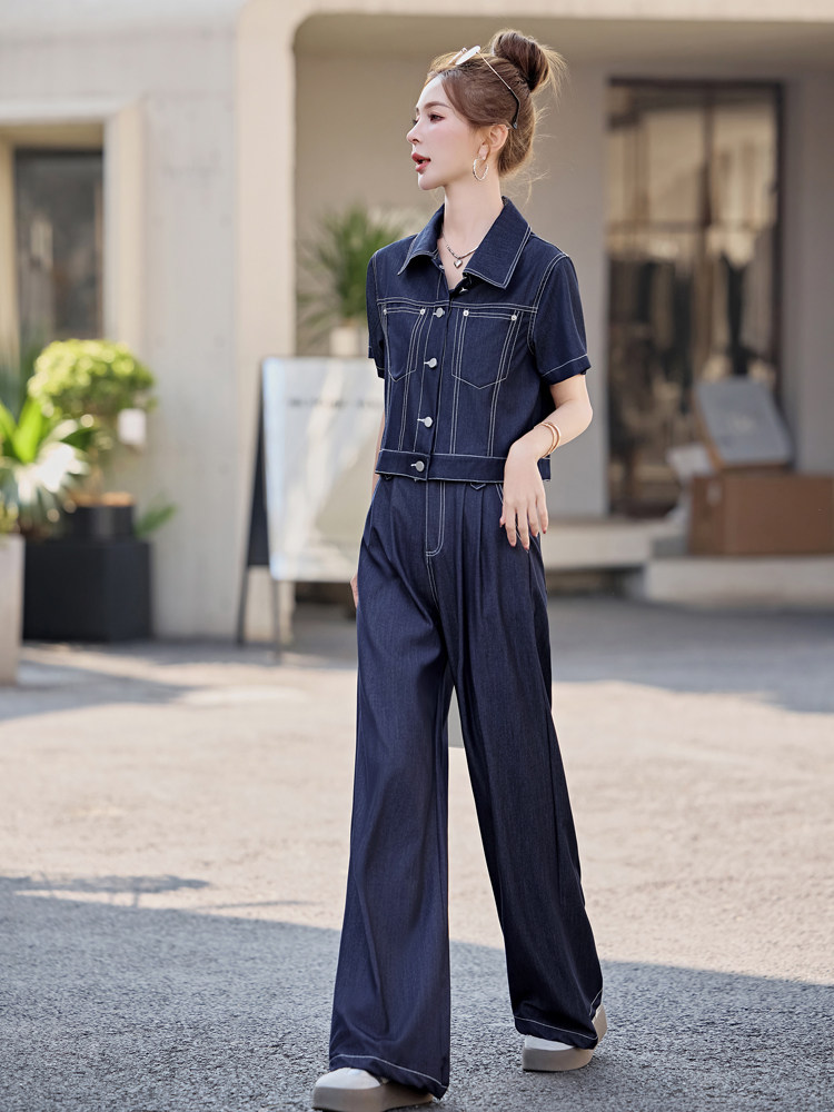 （新款现货）2026夏时尚薄款天丝牛仔短袖阔腿裤套装女（两件套）,女装牛仔外套,印象茜