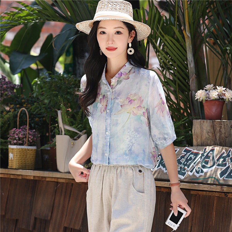 2026年夏季休闲风苎麻印花女五分袖宽松型亲肤透气薄款,女装衬衫,忆绮罗