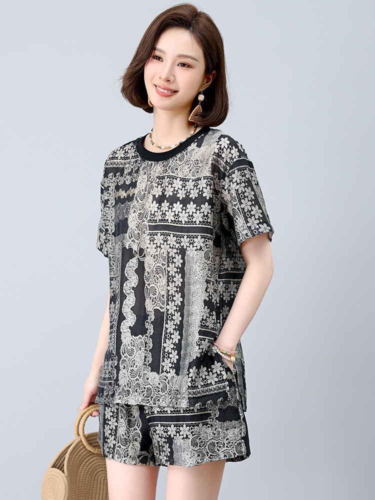 亚麻套装女2025年夏季新款时尚宽松中年妈妈大码棉麻短款两件套,女装套装/套裙,江忆布依
