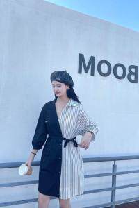 条纹拼接连衣裙，女装连衣裙，QIANCHEN 谦晨