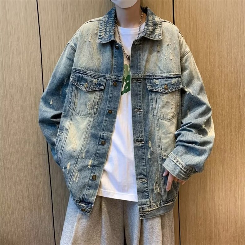 美式复古重工水洗直角垫肩牛仔夹克外套男高级感上衣潮图片