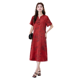 新中式连衣裙女夏2025新款国风复古好看盘扣宽松遮肚显瘦中长裙子图片