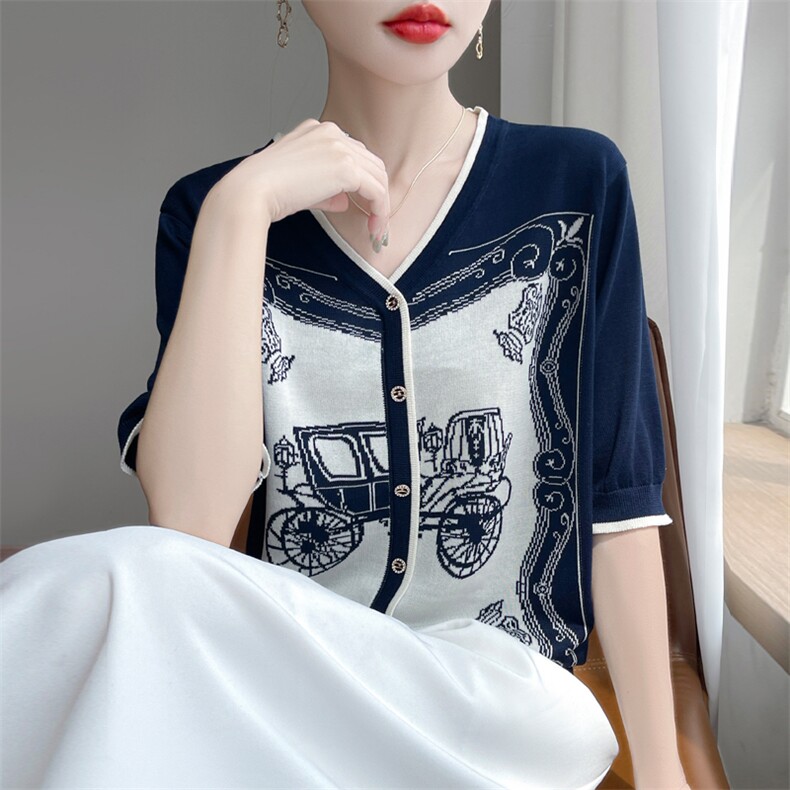 夏季新款天丝蓝色复古马车V领开衫女宽松百搭显瘦时尚休闲上衣,针织衫/毛衣,暖娇绒