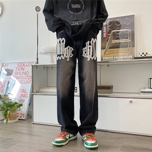 美式高街牛仔裤男春秋潮牌宽松直筒长裤坠感拖地炸街裤子P43图片