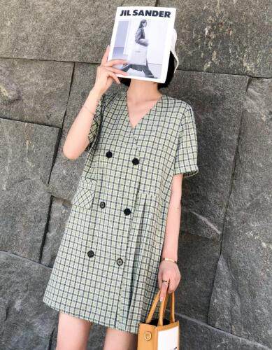 欧韩风V领格子连衣裙，女装连衣裙，非次元