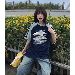 抖音得物品质二开240克宽松纯棉美式潮牌插肩三杠织带短袖T恤图片
