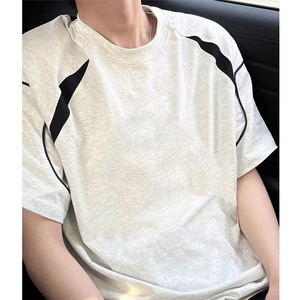 美式小众高级感拼接条纹短袖T恤男夏季简约百搭宽松纯色休闲上衣图片