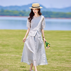 蓝色连衣裙套装女2025新款韩系夏日穿搭一整套短袖吊带裙子三件套，女装套装/套裙，靓衣阁
