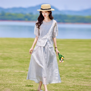 蓝色连衣裙套装女2025新款韩系夏日穿搭一整套短袖吊带裙子三件套图片