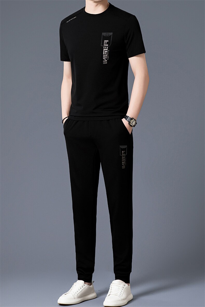 HP5086夏季新款男士运动休闲套装二件套圆领印花男装速干百搭短袖,男装休闲套装,电商B360