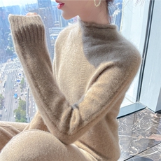 时尚百搭女士羊毛衫半高卷边领设计保暖舒适秋冬，女装羊毛衫，暮绒羊羊绒
