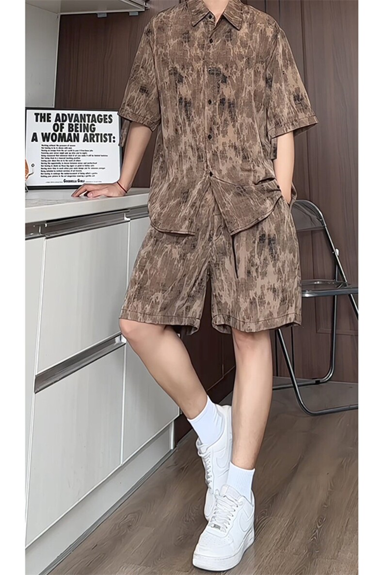短袖衬衫男+短裤男套装男100%聚酯纤维M-5XL大码TZ78717P50控98,男装牛仔裤,星座226-1