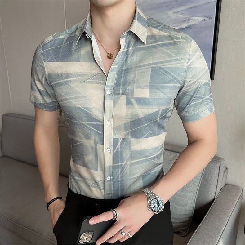 欧美跨境短袖男高质量韩版弹力绅士休闲短袖衬衫D010310B-1P45,男装T恤,星座310B-1