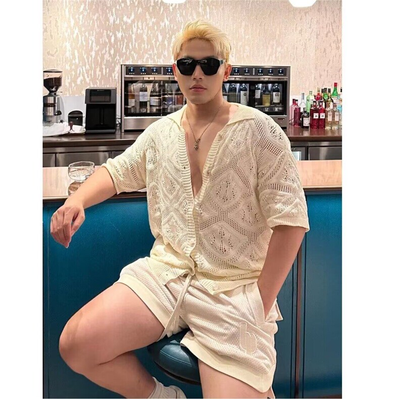 T152时尚小众美式薄款镂空痞帅针织短袖衬衫男复古宽松翻领衬衣潮,男装T恤,星座308A-1（原309B-1）