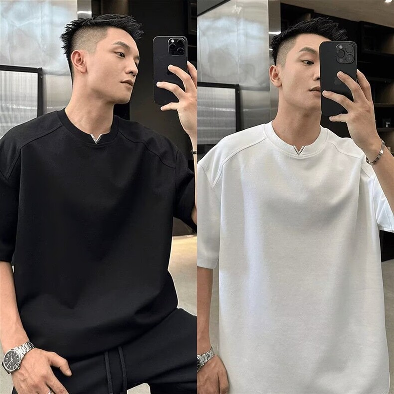 时尚穿搭显肩宽小V设计款2025夏季男士短袖T恤高级感简约宽松上衣,男装T恤,电商B212（原钱塘6029）