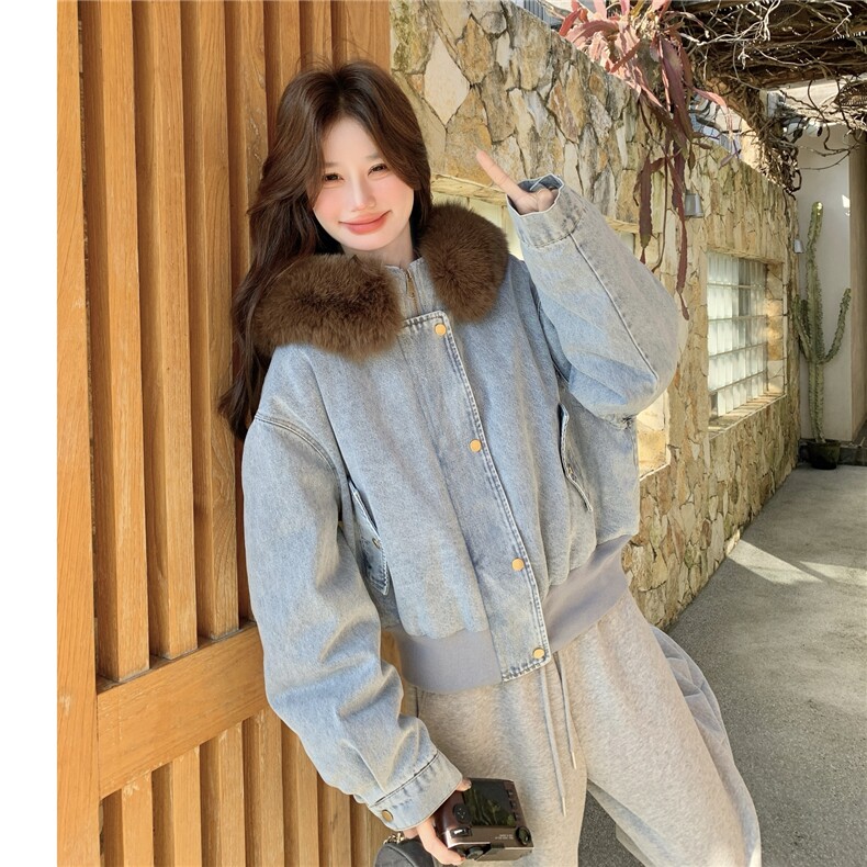 美式复古宽松加绒保暖羽绒内胆连帽牛仔外套女可拆卸毛领宽松夹克,女装羽绒服,艾米莉亚
