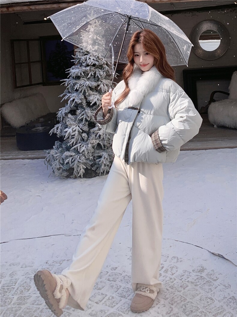 现货冬季真狐狸毛围脖可脱卸复古盘扣短款羽绒服8877-P265-K365,女装羽绒服,吉娜