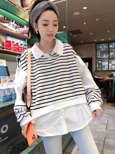 一杭翻领条纹假两件，女装，一杭