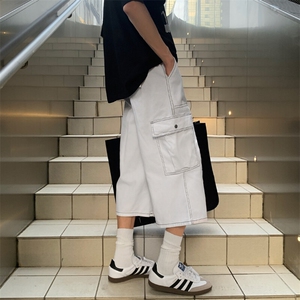 明线阔腿工装七分裤男女夏季美式高街宽松大口袋休闲裤Y1106p45图片