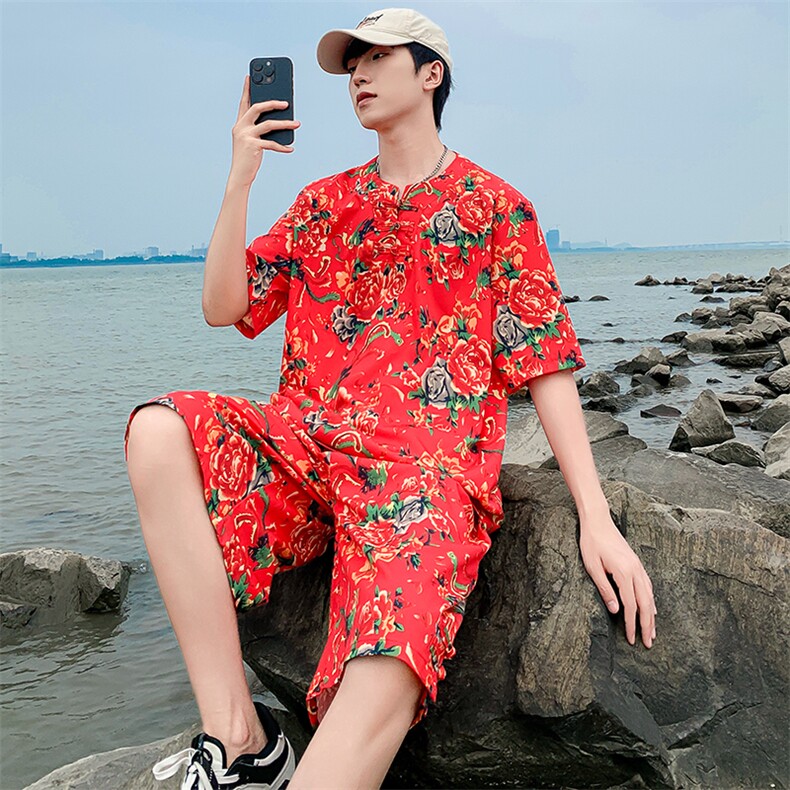TZZ风盘扣T恤裤子大码团队服东北大花套装男女表演出新中式服,男装T恤,星座115A(原星座507）