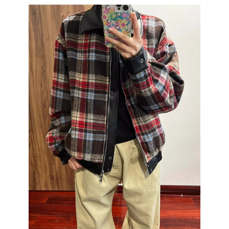 美式复古休闲格子双面穿PU皮夹克男秋冬季高街潮牌宽松机车服外套,男装夹克,星座516A