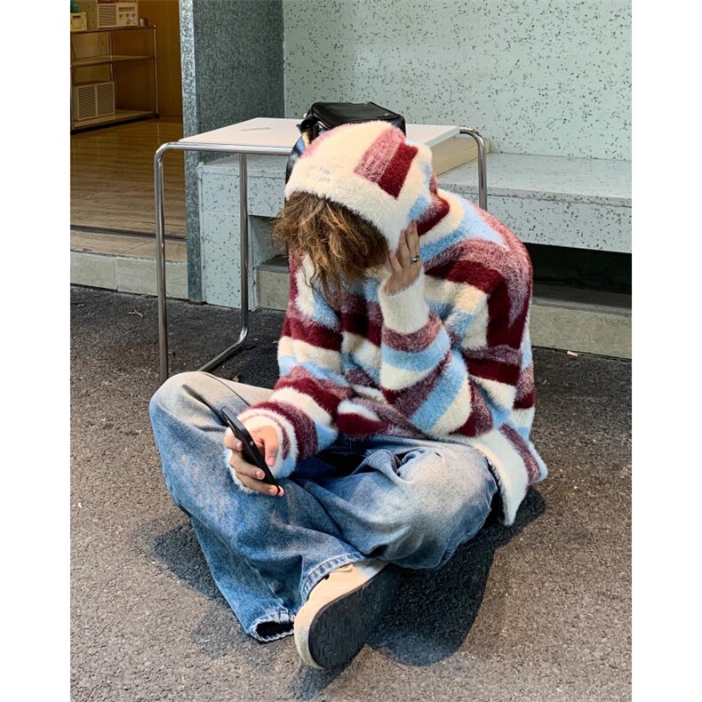 【有货】连帽拼色设计感条纹毛衣男女款情侣针织衫G83CC-特P68,男装针织衫/毛衣,星座1007（原301D）