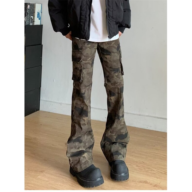 美式vibe高街迷彩多口袋修身工装裤嘻哈微喇裤男女K83096-P53网图图片